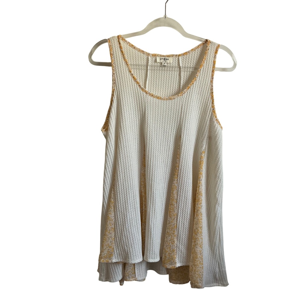 Umgee Boho Flowy White Waffle Knit Floral Panel Oversized Tank - Medium Feminine